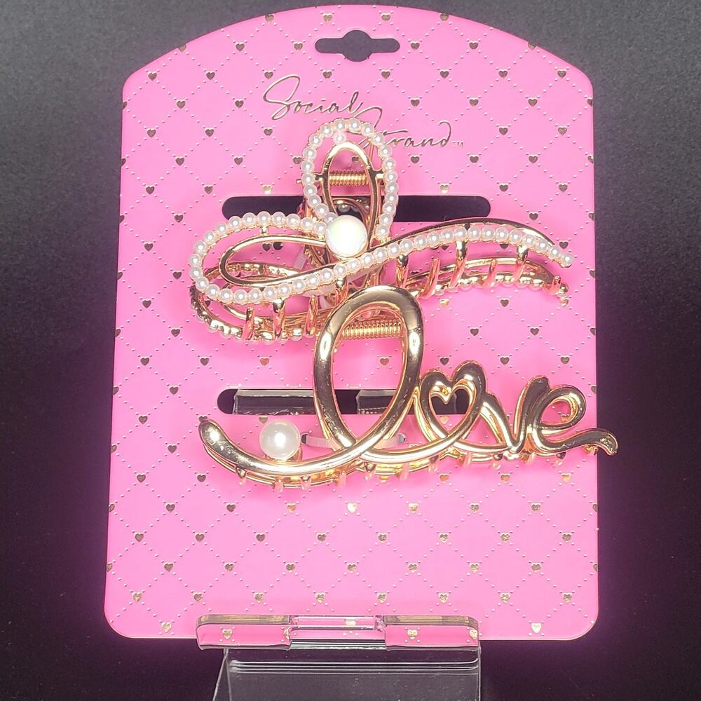 Social Strand Gold Coquette Ribbon Bow Love Iridescent Pearl Claw Clips Cute NEW